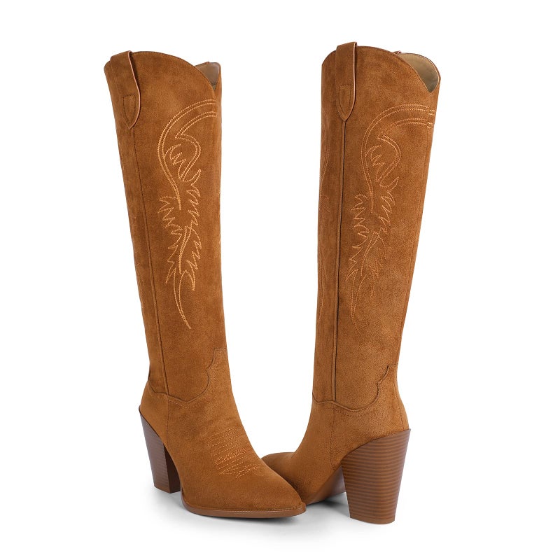 ISNOM Cowgirl Boots for Women Brown Cowboy Boots for Womens Western Boots for Women Tall Cowgirl Boots Women Wide Calf Knee High Cowboy Boots Tall Brown Cowboy Boots Women High Heel Cowboy Boots - Image 2